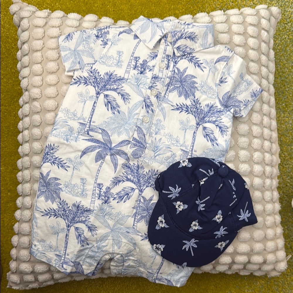Blue and White Tropical Baby Romper with Hat